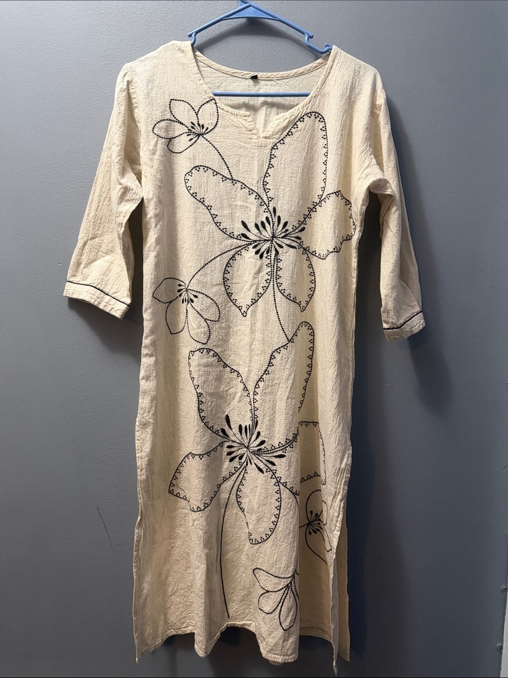 Beige Floral Boho Embroidered Tunic Dress